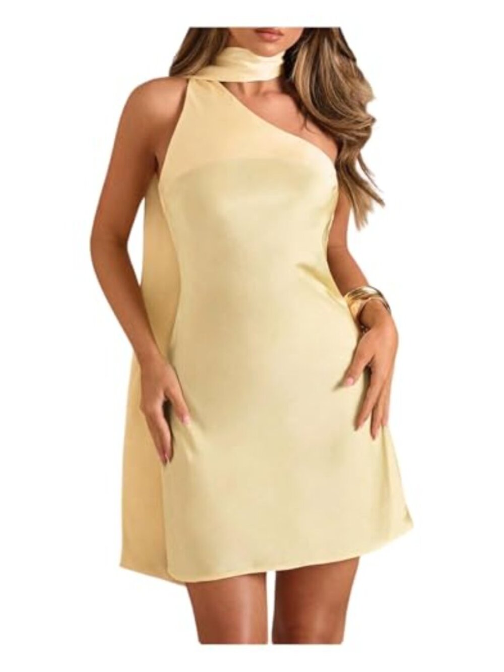 Satin Halter Mini Dress Draped Backless A Line Party Dress Scarf